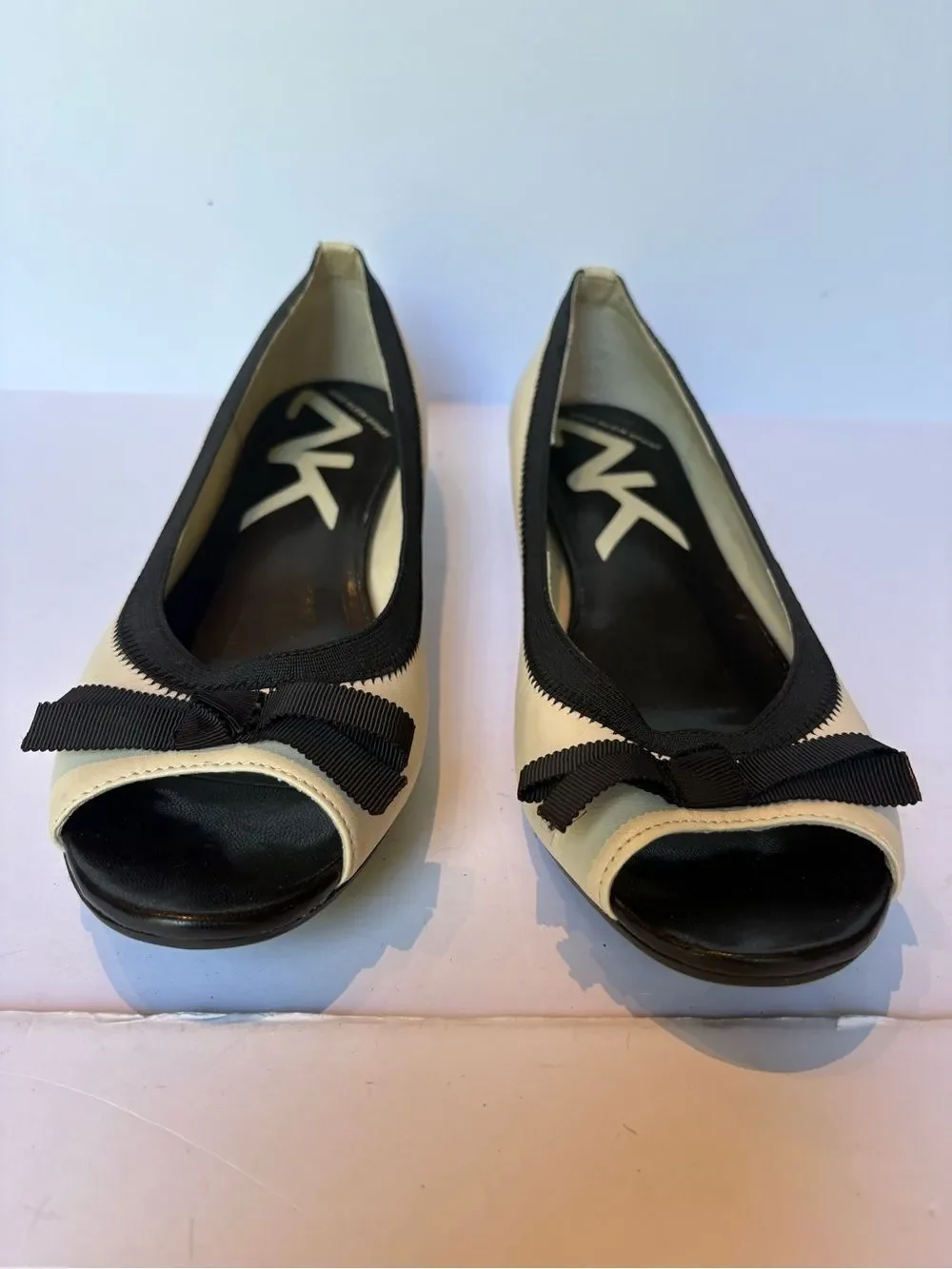 Anne Klein Sport Women's Two-Tone Black and Cream Peep-Toe Ballet Flats 9 1/2M